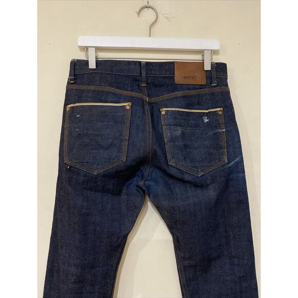 WESC Eddy Selvedge Straight Jeans Men Blue Distressed Size 30x32 - Picture 4 of 8